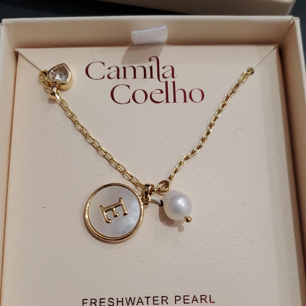 Camila Coelho gold plated freshwater pearl cubic zirconia 16" E initial necklace